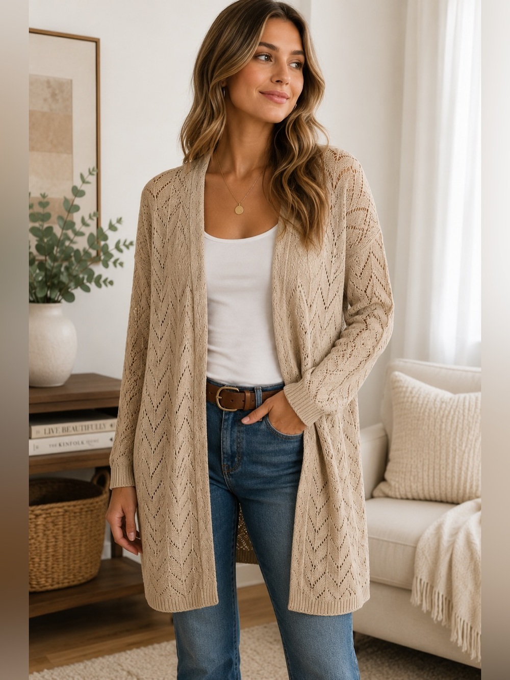 Leo & Nicole XL Beige Pointelle Knit Open Front Cardigan Boho Lightweight